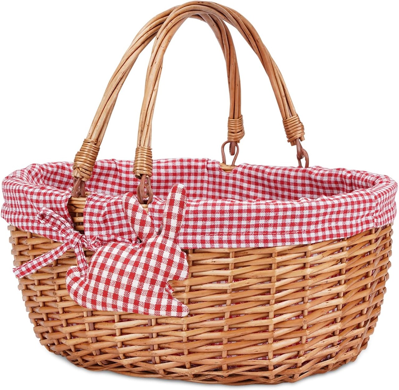 Wicker Picnic Basket with Double Folding Handles,Willow Picnic Hamper,Natural Hand Woven Basket, Basket,Bath Toy and Kids Toy Storage,Gift Packing Basket Red